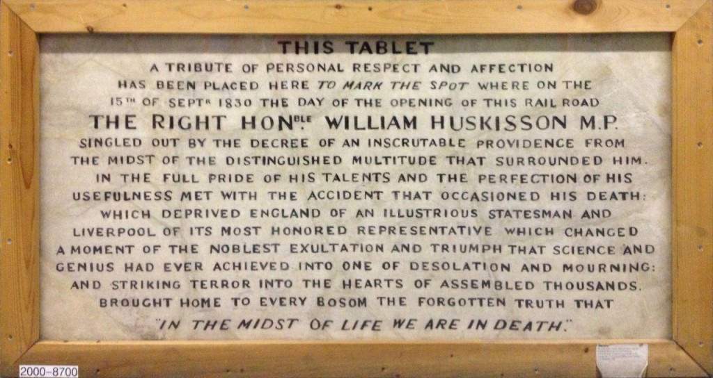 Photo of a marble tablet inscribed with a tribute to William Huskisson