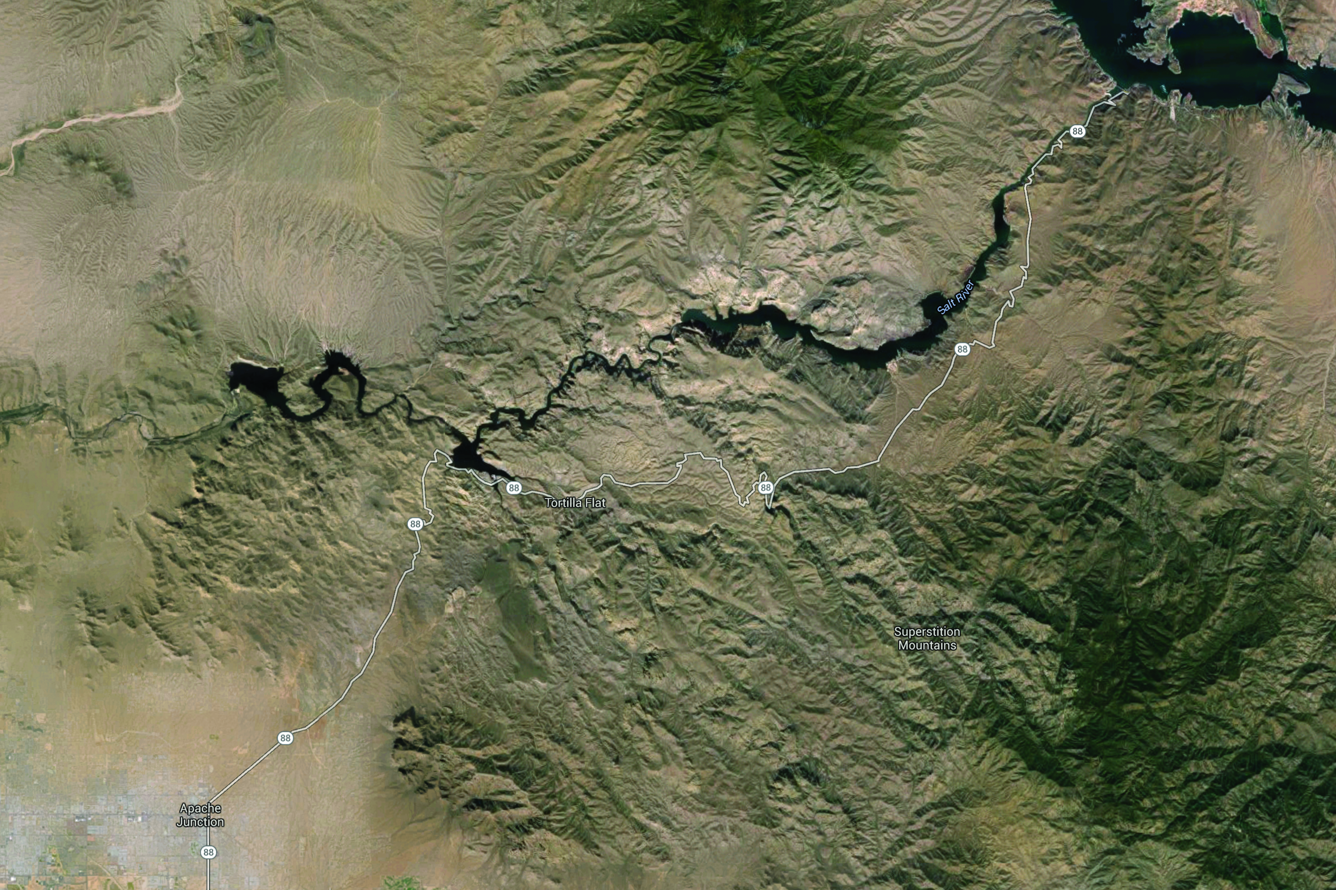 Satellite view of Arizona State Route 88, imagery and map data copyright Google 2016