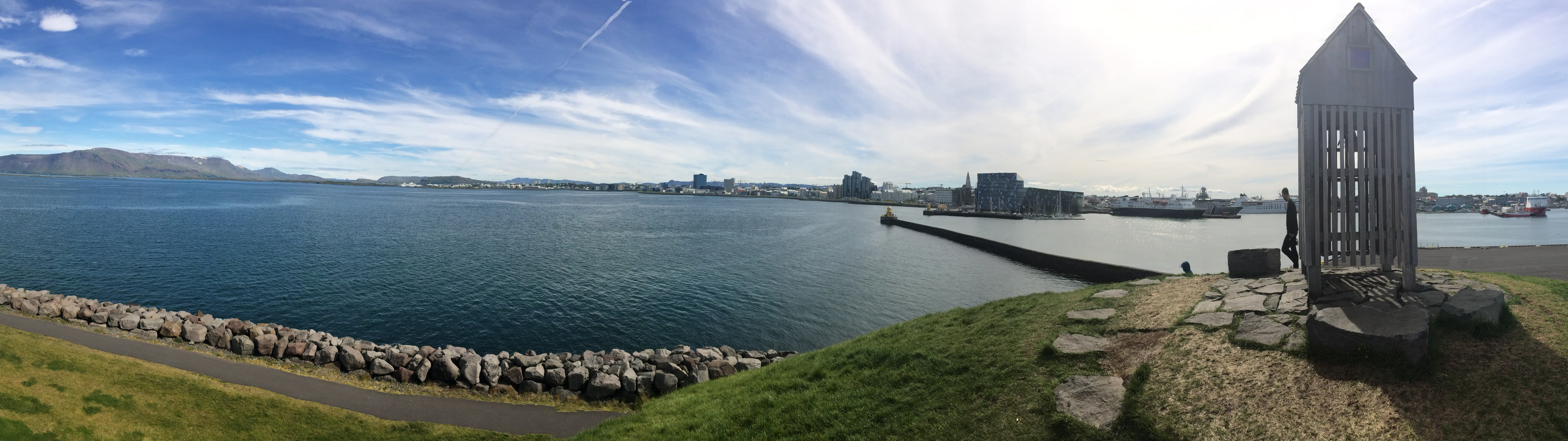 Panoramic photo of Reykjavík harbour from the top of Þúfa