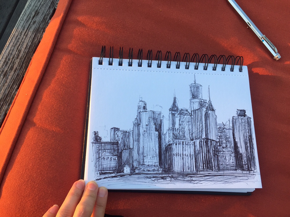 Pen sketch of the New York City skyline from a rooftop in Brooklyn by Piper Haywood