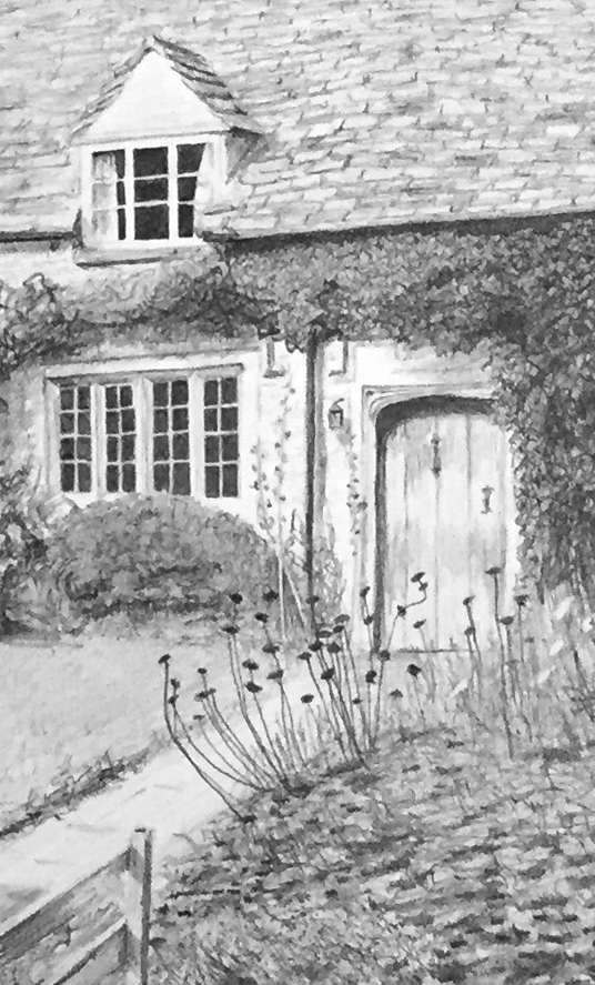 Detail from graphite drawing of house in Oxfordshire