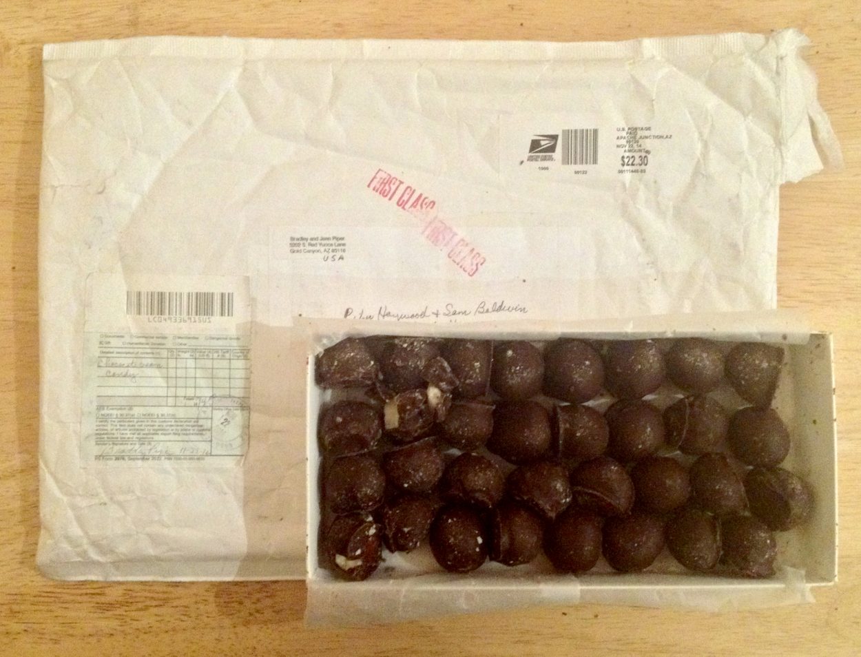 Chocolate candies that have travelled over 5000 miles