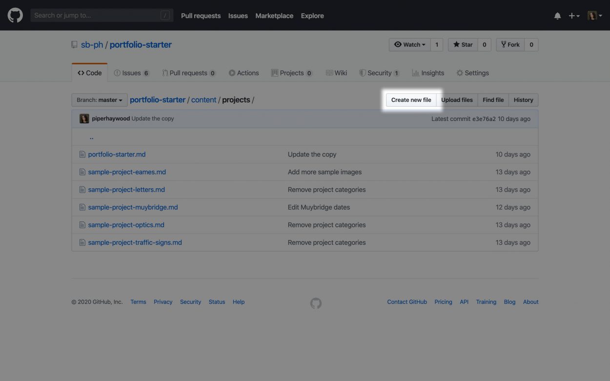 Screenshot of the GitHub UI highlighting the Create button