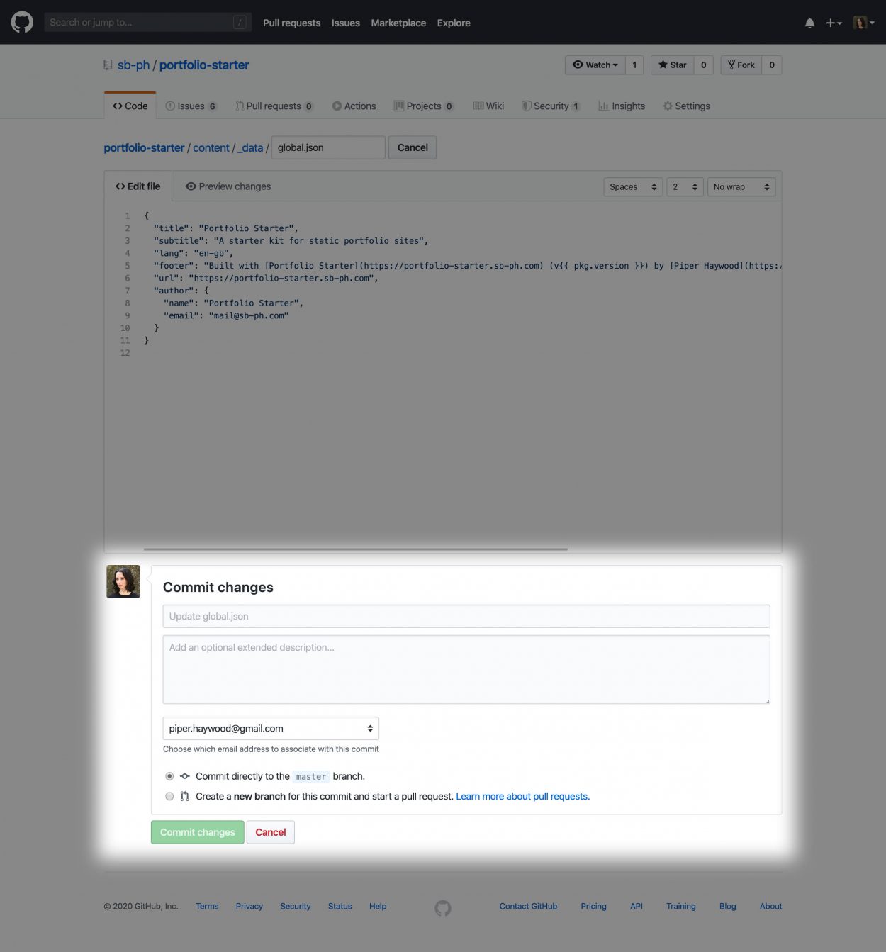 Screenshot of the GitHub UI highlighting the commit area