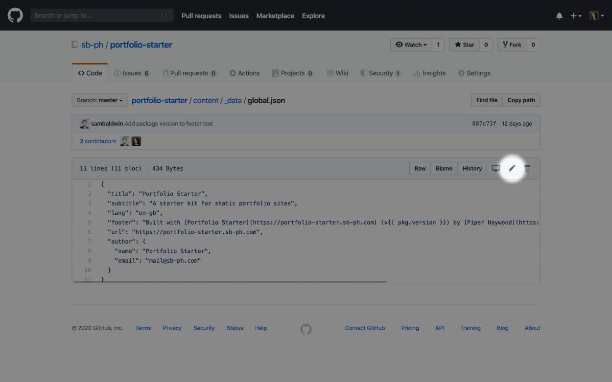 Screenshot of the GitHub UI highlighting the Edit button