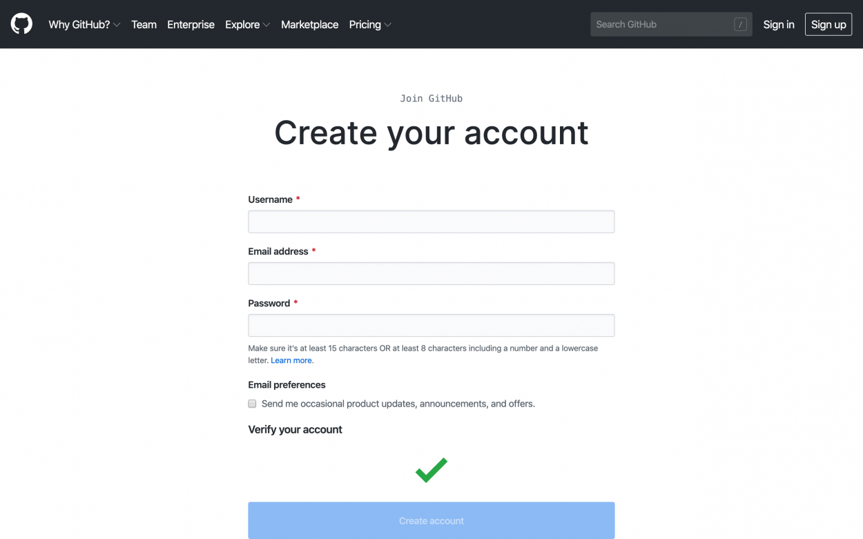 Screenshot of GitHub account creation screen