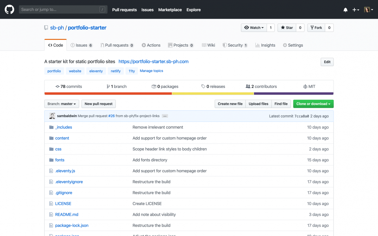 Screenshot of the Portfolio Starter repository in GitHub