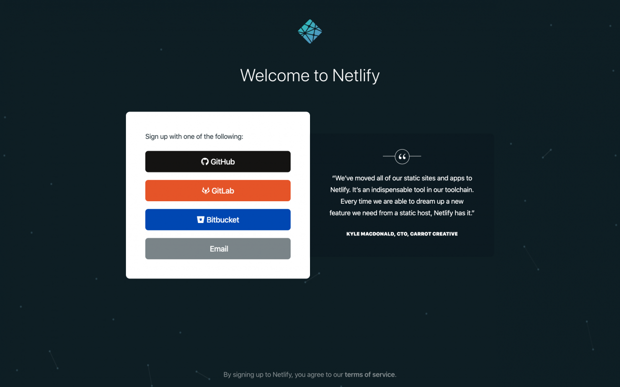 Screenshot of Netlify signup screen