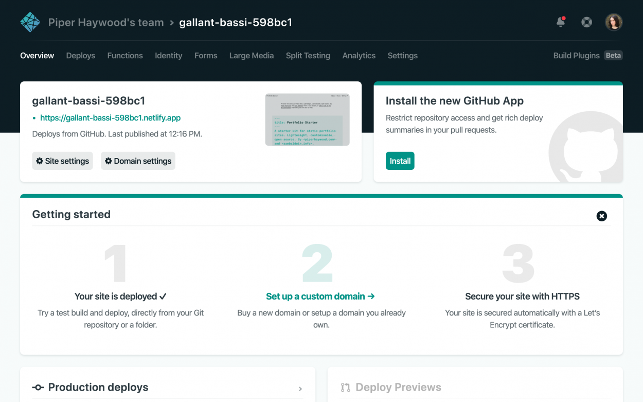 Screenshot of Netlify’s site dashboard