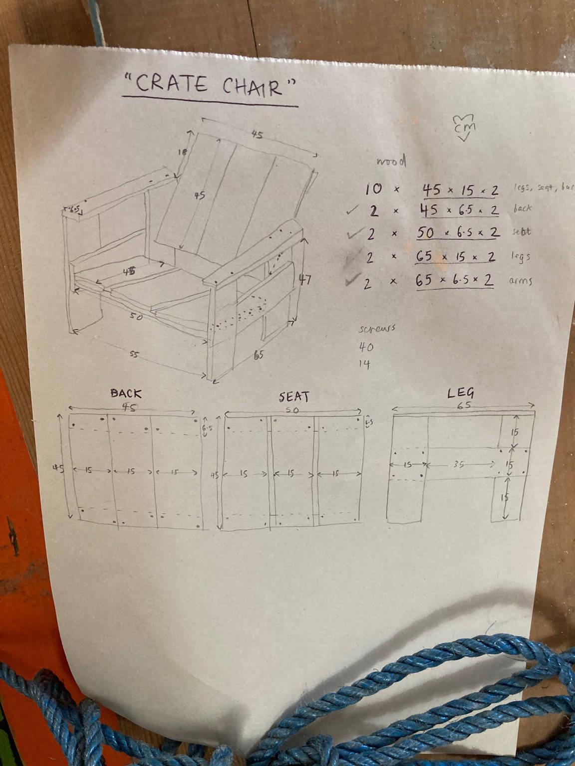 Plans for a Rietveld crate chair drawn by Hannah Blows