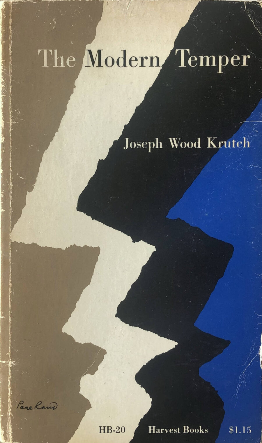 The cover of the book “The Modern Temper” by Joseph Wood Krutch, designed by Paul Rand with four zig-zag shapes in beige, white, black, and blue