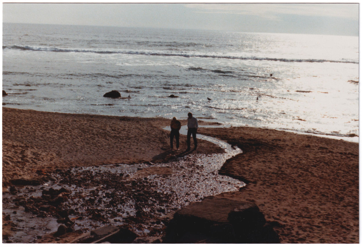 Two men walking on the beach away from the ocean as the sun is setting, talking