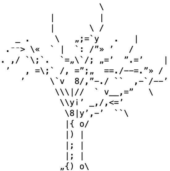A leafless winter cherry tree drawn ASCII style