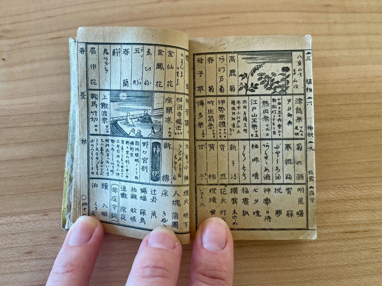 A spread from a tiny Japanese booklet dating around 1880 outlining annual events and the use of botanical objects for each occasion, at the Letterform Archive
